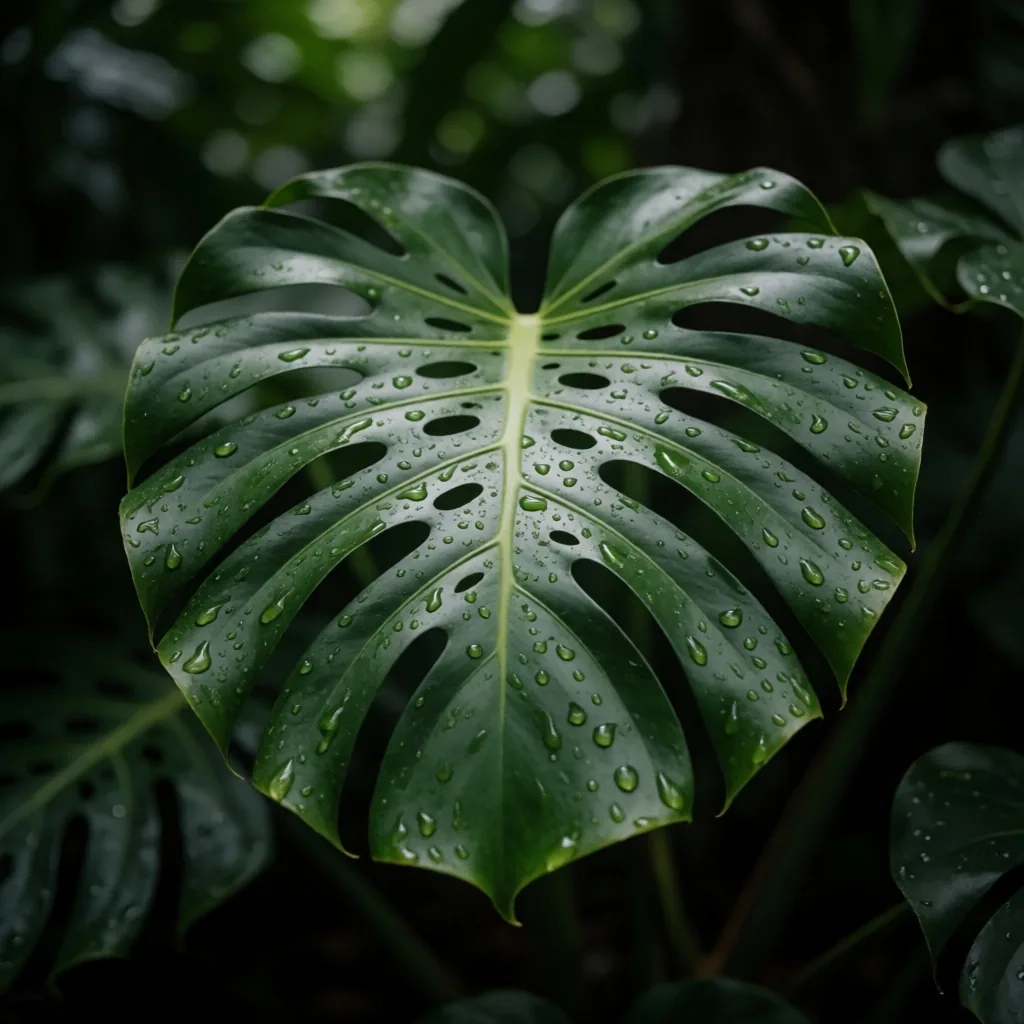 Dark green tropical leaves with water droplets