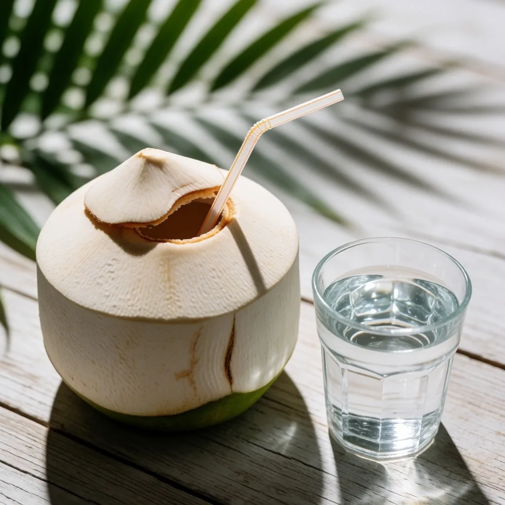 Glass of water and fresh coconut on teak surface