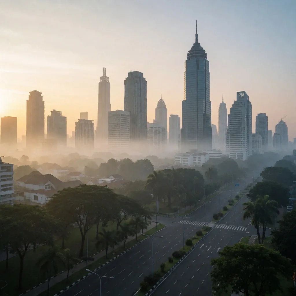 Misty early morning Jakarta skyline with golden light