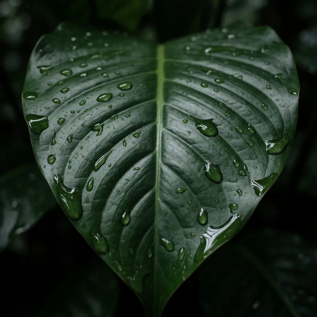 Dark green tropical leaves with water droplets