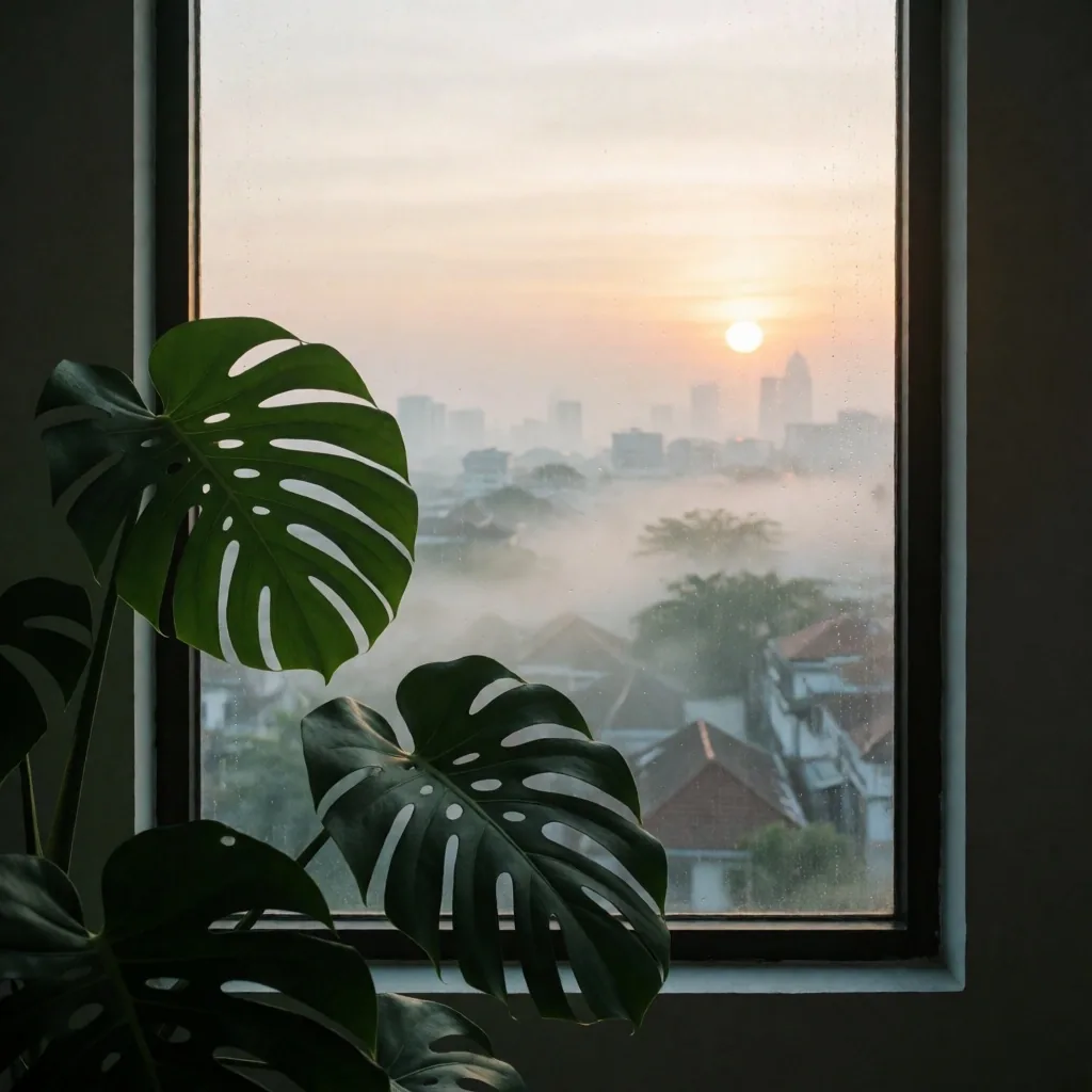 Misty Jakarta morning viewed through a window with tropical greenery