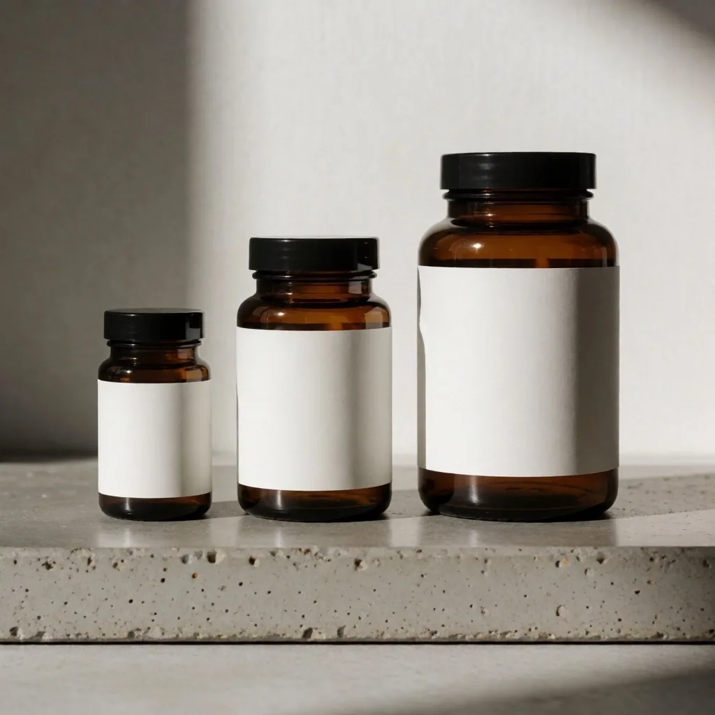 Three supplement bottles arranged on a concrete surface for price comparison