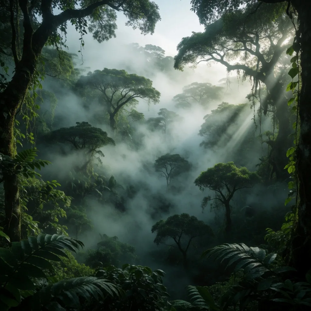 Indonesian tropical rainforest with morning mist